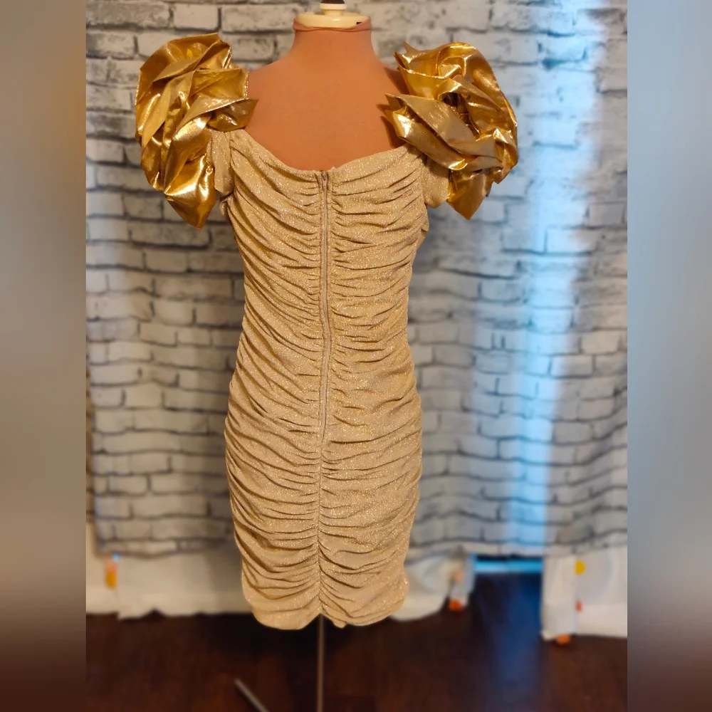 Stunning gold on gold Zum Zum vintage 80s ruched Body Con mini Dress poufy  SM_5